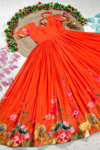 orange color elegant lotus floral digital print  silk blend anarkali gown