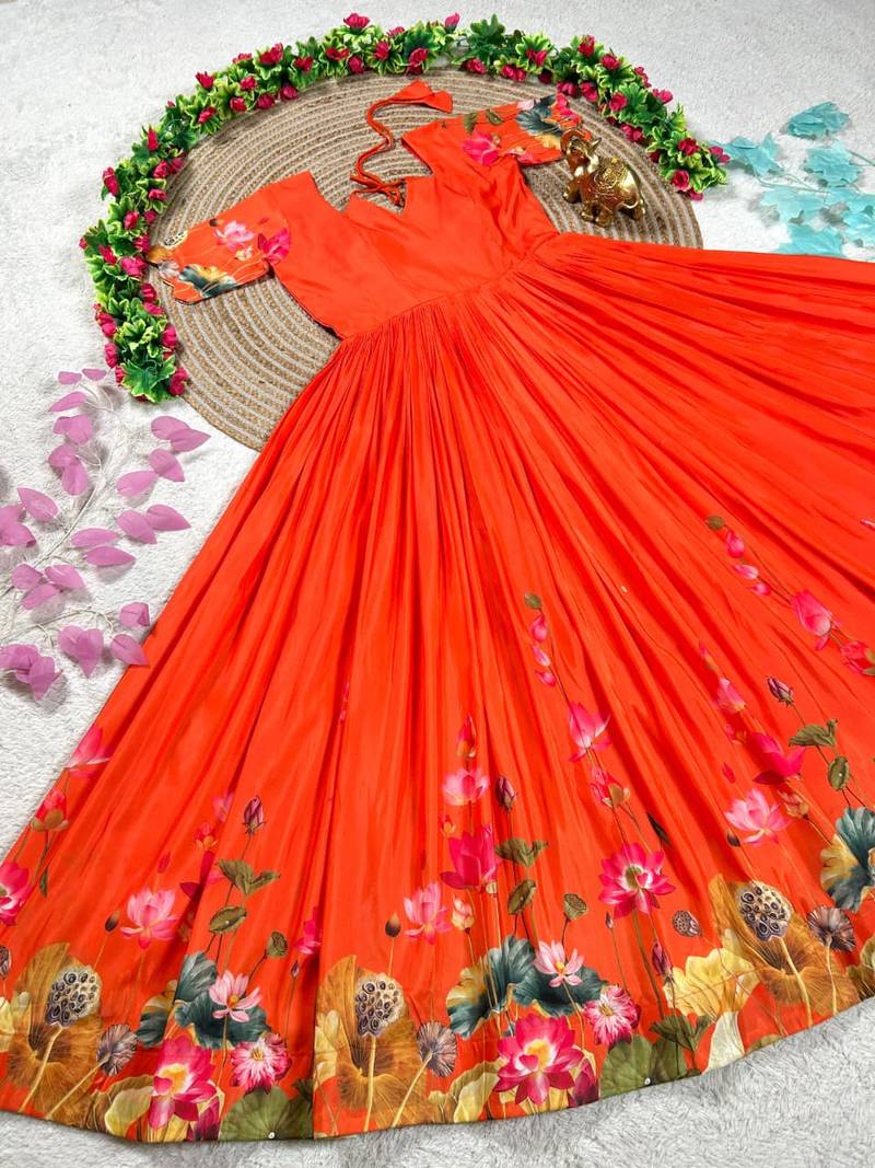orange color elegant lotus floral digital print  silk blend anarkali gown