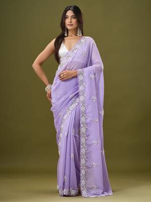 Lilac tissue satin embellished saree with unstitched blouse piece. 4