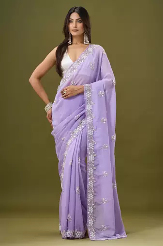 Lilac tissue satin embellished saree with unstitched blouse piece.