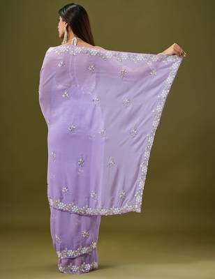 Lilac tissue satin embellished saree with unstitched blouse piece. 5