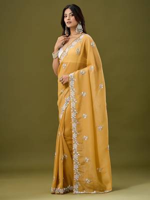 Mustard tissue satin embellished saree with unstitched blouse piece. 4