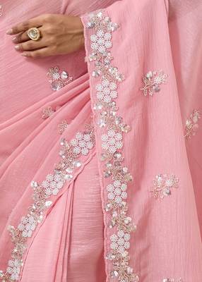 Pink tissue satin embellished saree with unstitched blouse piece. 3