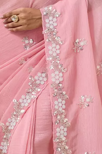Pink tissue satin embellished saree with unstitched blouse piece.