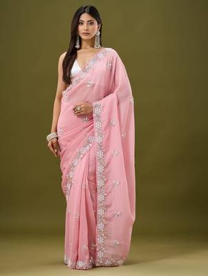 Pink tissue satin embellished saree with unstitched blouse piece. 4