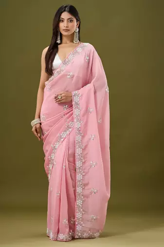 Pink tissue satin embellished saree with unstitched blouse piece.