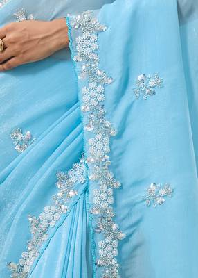 Sky blue tissue satin embellished saree with unstitched blouse piece. 3