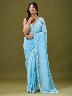 Sky blue tissue satin embellished saree with unstitched blouse piece. 4