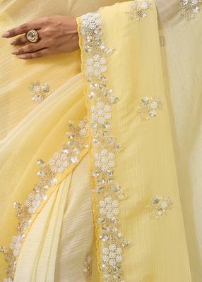 Yellow tissue satin embellished saree with unstitched blouse piece. 3