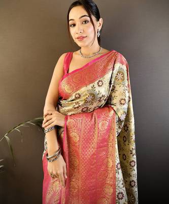 cream silk blend saree with unstitched blouse piece. 1