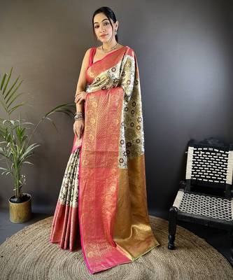 cream silk blend saree with unstitched blouse piece. 2
