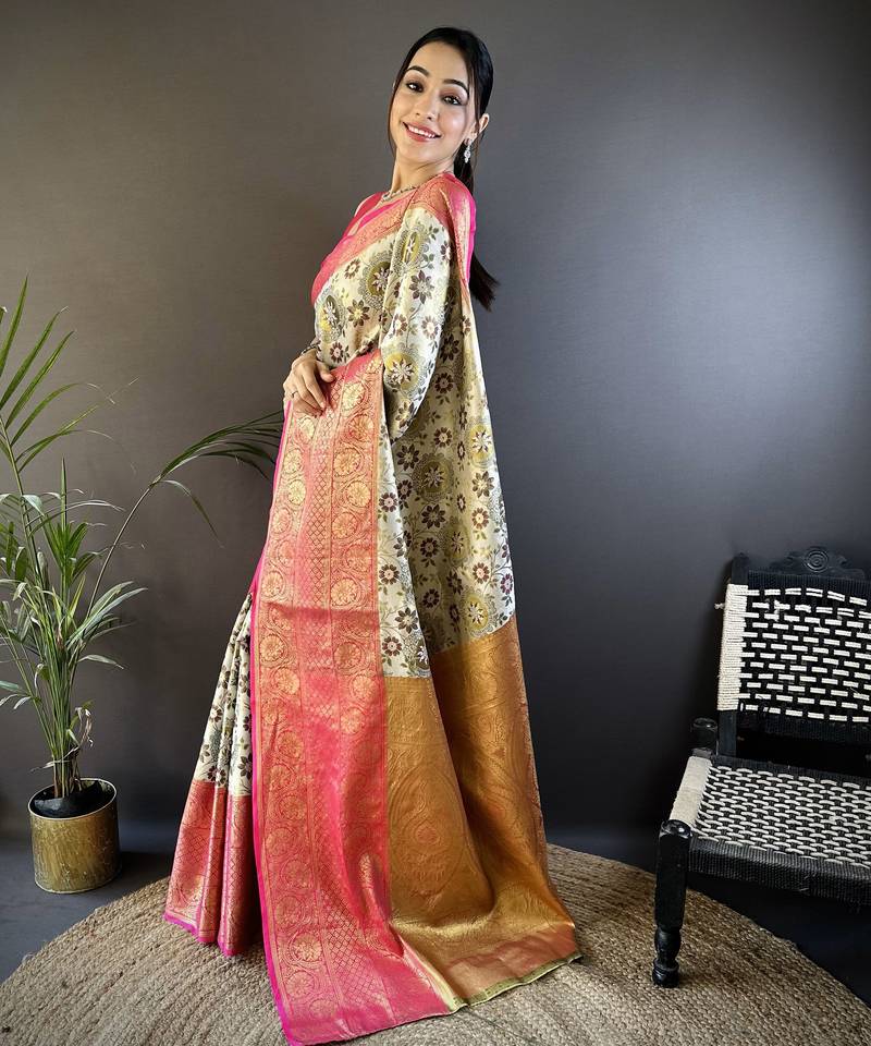 cream silk blend saree with unstitched blouse piece.