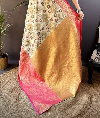 cream silk blend saree with unstitched blouse piece. 5