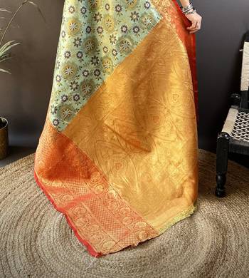 green silk blend saree with unstitched blouse piece. 5