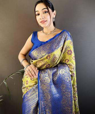 neon silk blend saree with unstitched blouse piece. 1