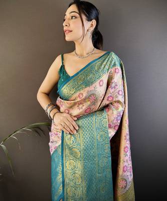 peach silk blend saree with unstitched blouse piece. 1