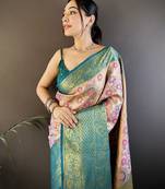 peach silk blend saree with unstitched blouse piece.