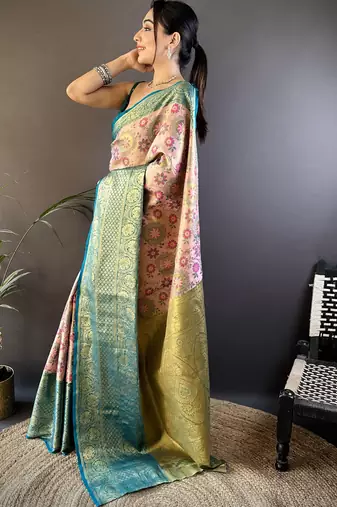 peach silk blend saree with unstitched blouse piece.