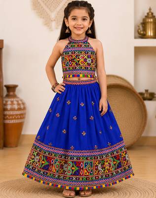 Royal blue embroidered cotton blend halter neck kids lehenga choli with dupatta 1
