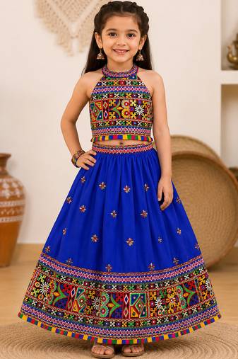 Royal blue embroidered cotton blend halter neck kids lehenga choli with dupatta