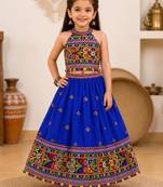 Royal blue embroidered cotton blend halter neck kids lehenga choli with dupatta