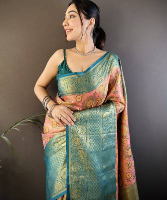 pink silk blend saree with unstitched blouse piece. 1