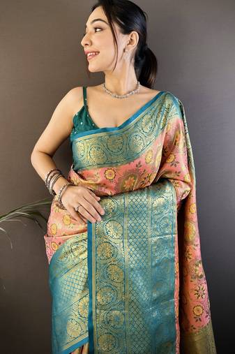 pink silk blend saree with unstitched blouse piece.