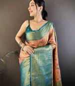 pink silk blend saree with unstitched blouse piece.