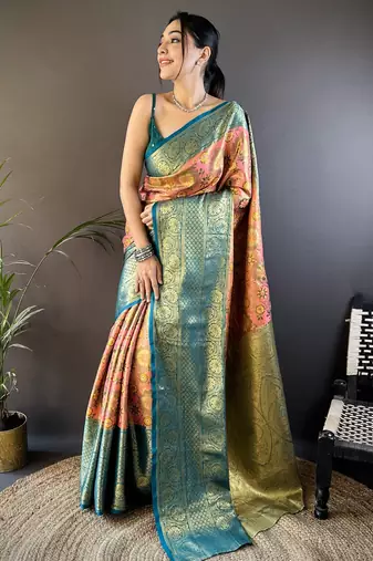 pink silk blend saree with unstitched blouse piece.