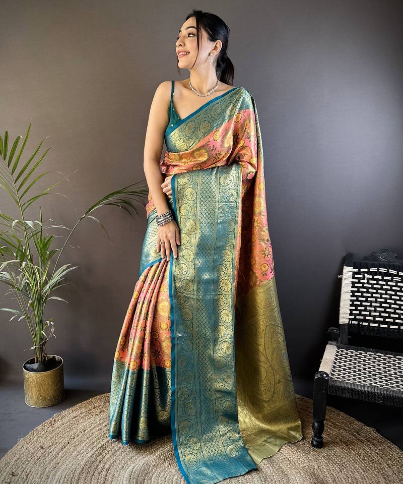 pink silk blend saree with unstitched blouse piece.