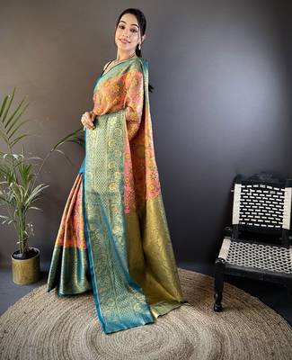 pink silk blend saree with unstitched blouse piece. 3