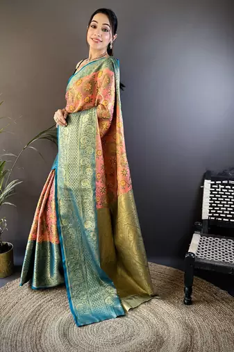 pink silk blend saree with unstitched blouse piece.