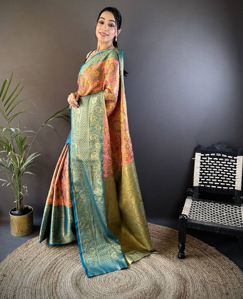 pink silk blend saree with unstitched blouse piece.