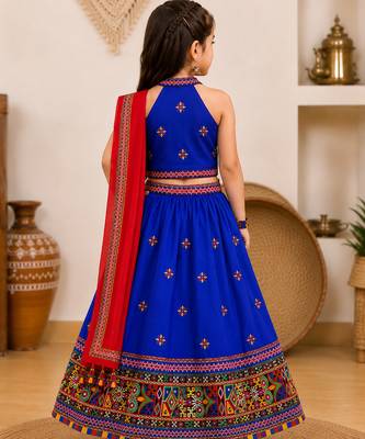 Royal blue embroidered cotton blend halter neck kids lehenga choli with dupatta 2