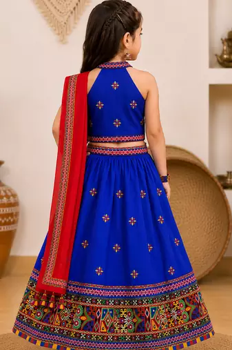 Royal blue embroidered cotton blend halter neck kids lehenga choli with dupatta