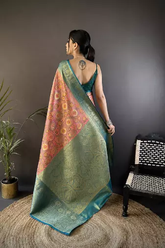 pink silk blend saree with unstitched blouse piece.