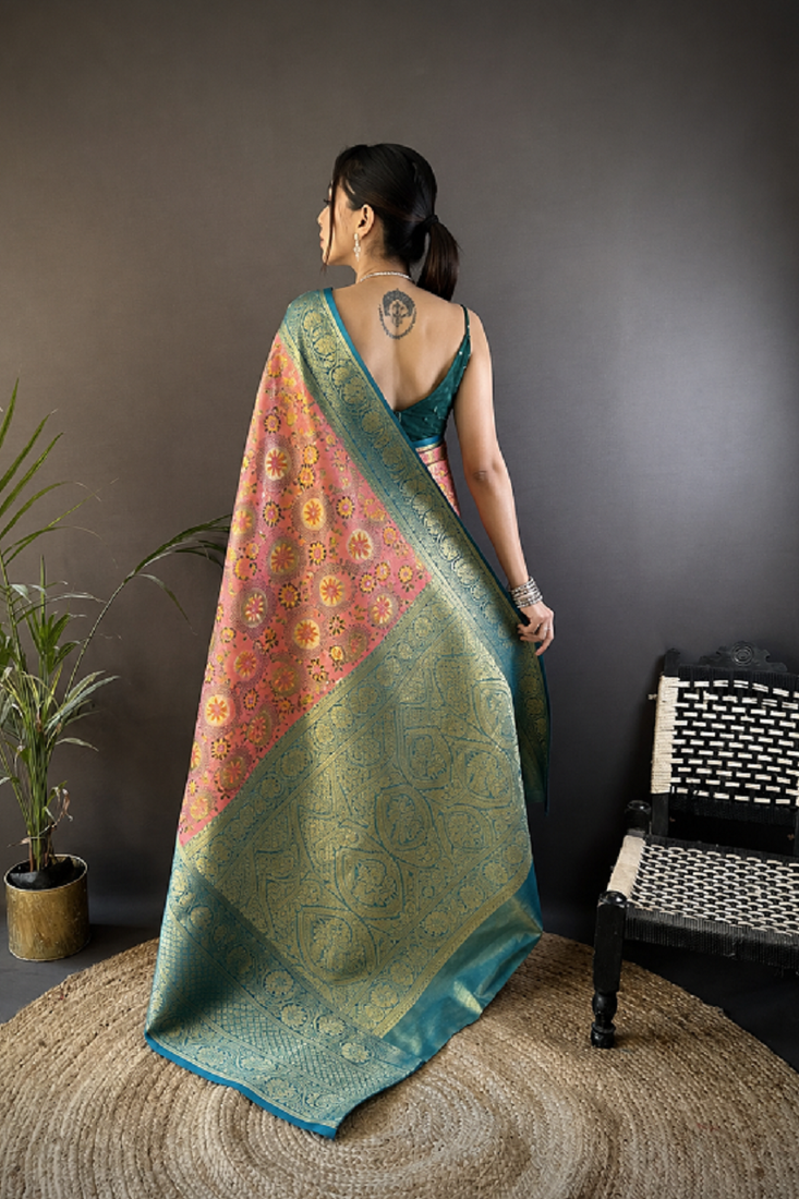 pink silk blend saree with unstitched blouse piece.
