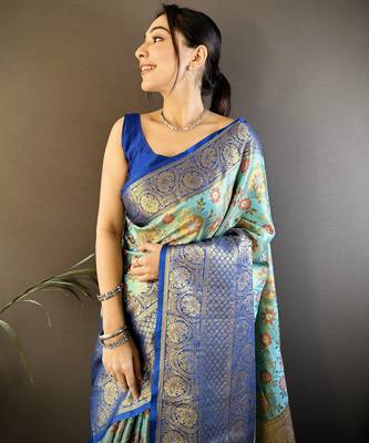 sky blue silk blend saree with unstitched blouse piece. 1