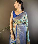 sky blue silk blend saree with unstitched blouse piece.