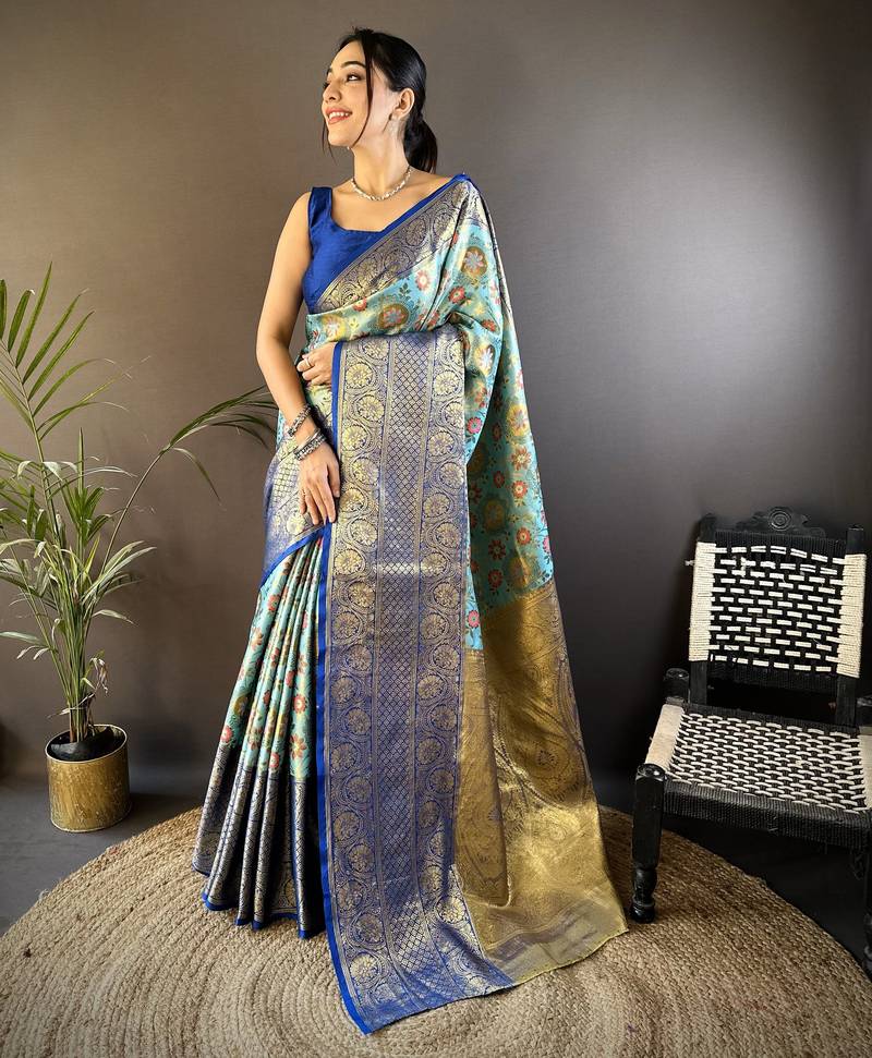 sky blue silk blend saree with unstitched blouse piece.