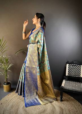 sky blue silk blend saree with unstitched blouse piece. 3