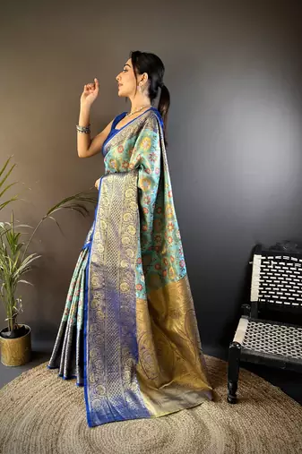 sky blue silk blend saree with unstitched blouse piece.