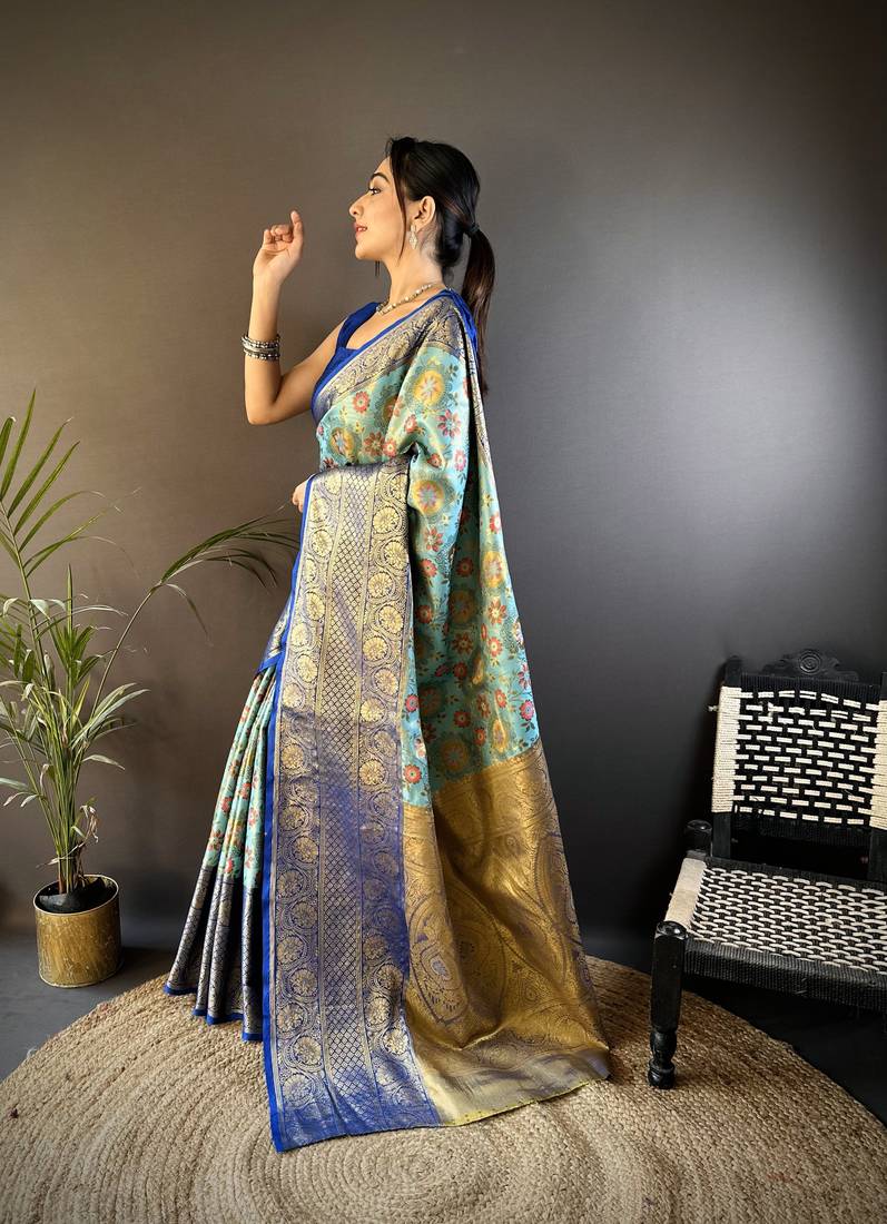 sky blue silk blend saree with unstitched blouse piece.