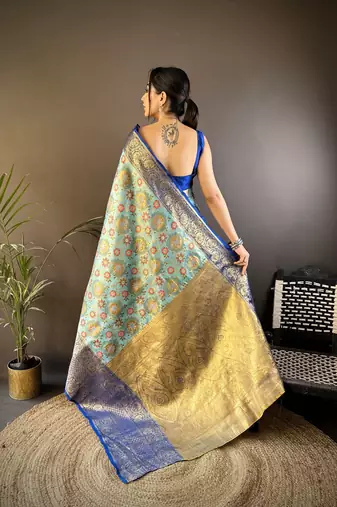 sky blue silk blend saree with unstitched blouse piece.
