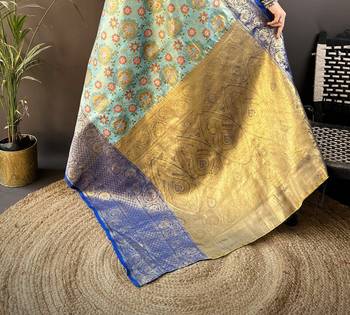 sky blue silk blend saree with unstitched blouse piece. 5