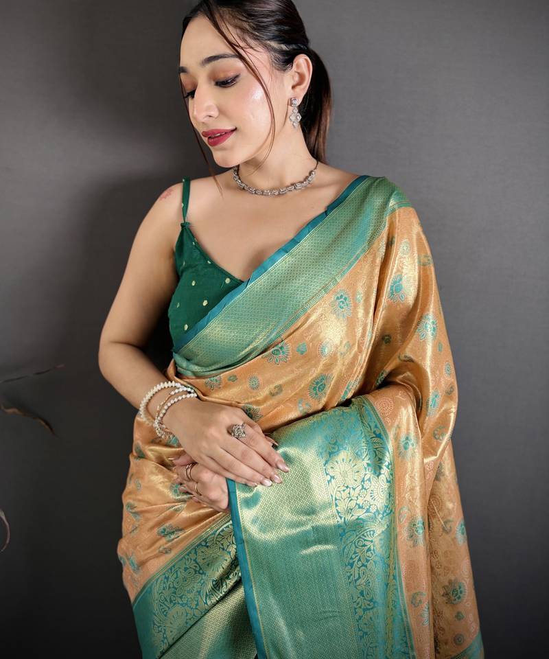 beige kanjeevaram silk blend zari woven saree with unstitched blouse piece.