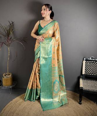 beige kanjeevaram silk blend zari woven saree with unstitched blouse piece. 2