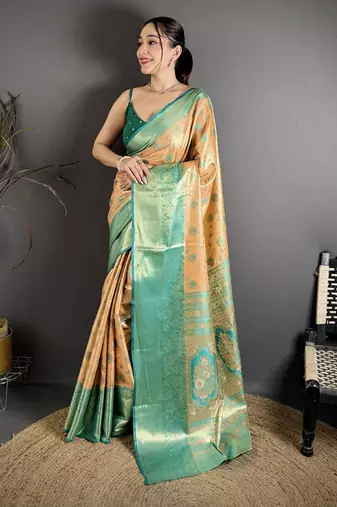 beige kanjeevaram silk blend zari woven saree with unstitched blouse piece.