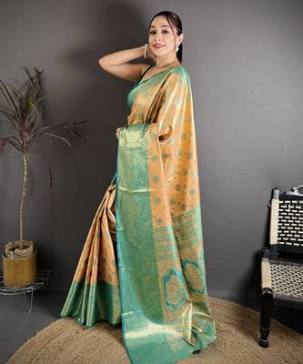beige kanjeevaram silk blend zari woven saree with unstitched blouse piece. 3