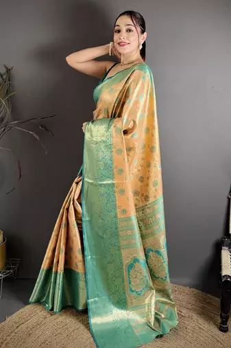beige kanjeevaram silk blend zari woven saree with unstitched blouse piece.